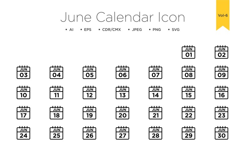 Juni kalender lijn icon set