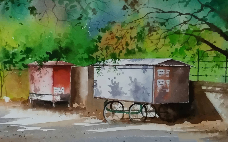 Parking d'arrêt d'aquarelle sur la route du village avec de beaux paysages Illustration dessinée à la main