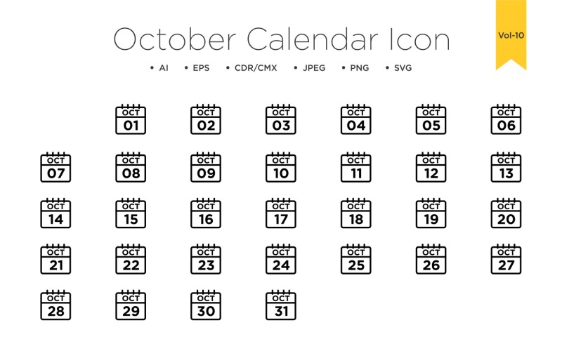 Październik Kalendarz Linia Ikona Vol 10