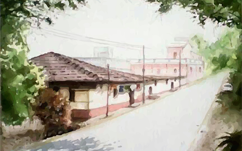 Route de village aquarelle avec illustration vectorielle de beau moment dessinés à la main