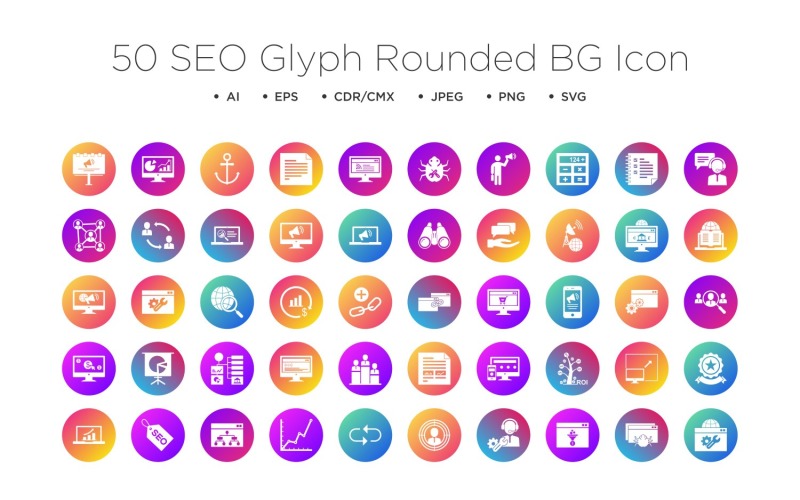50 SEO glyf zaoblené BG ikony nastavit