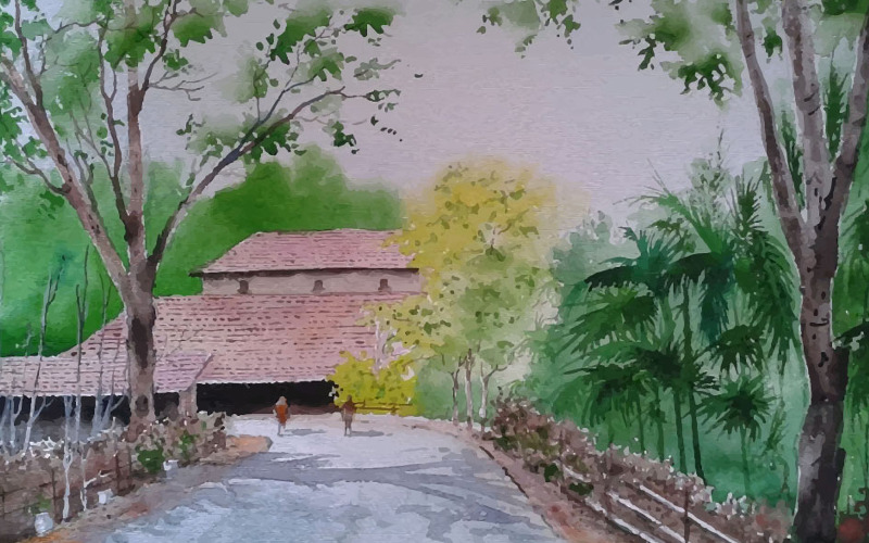 Suluboya Güzel Köy Yolunda Yürüyen Adamın Anı Elle Çizilmiş Vektör Çizim