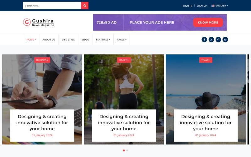 Gushira - Modello HTML multipagina reattivo per riviste di notizie