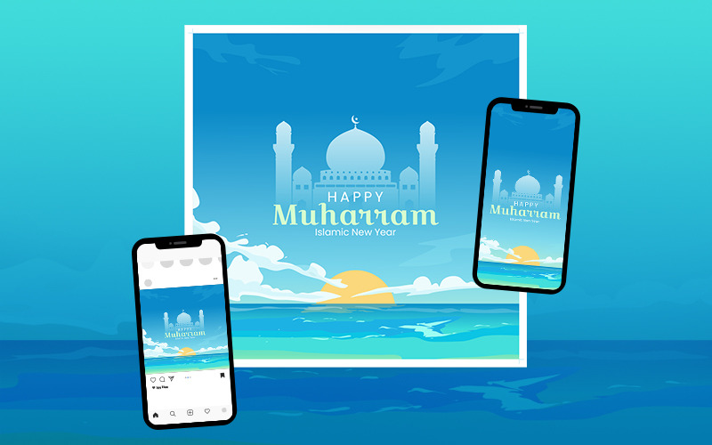 Happy Muharram - шаблон баннера для исламского Нового года, подходящий для печати и социальных сетей