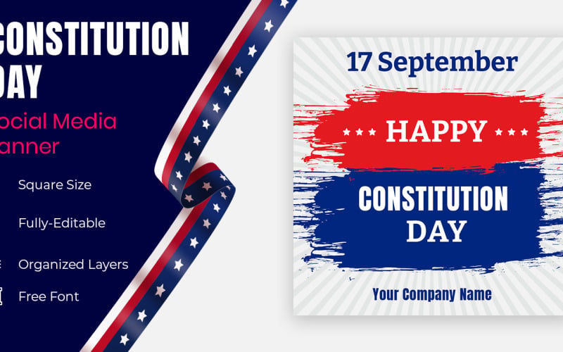 Kreativ mit blauen und roten Pinselstrichen für den Tag der Verfassung am 17. September Social Banner