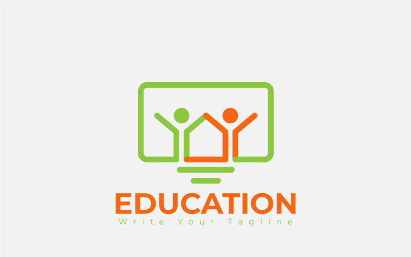 Концепция дизайна логотипа онлайн-образования для дома, детей, счастливый, компьютер
