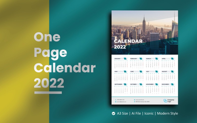 Minimale één pagina wandkalender 2022 plannersjabloon