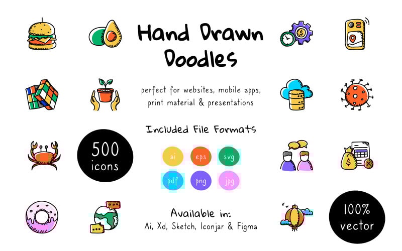 500+ Doodle Vectoren Iconset-sjabloon