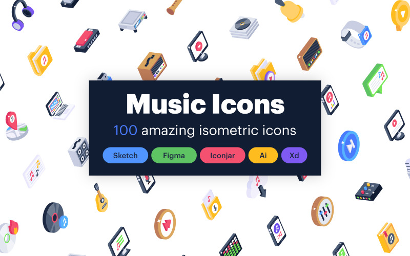 100 ізометричних іконок шаблону наборів музичних пакетів
