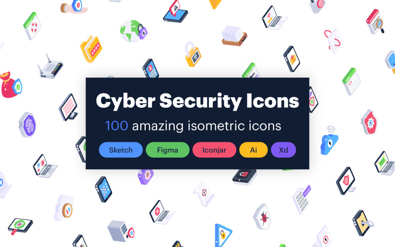 Šablona sady ikon izometrické kybernetické bezpečnosti