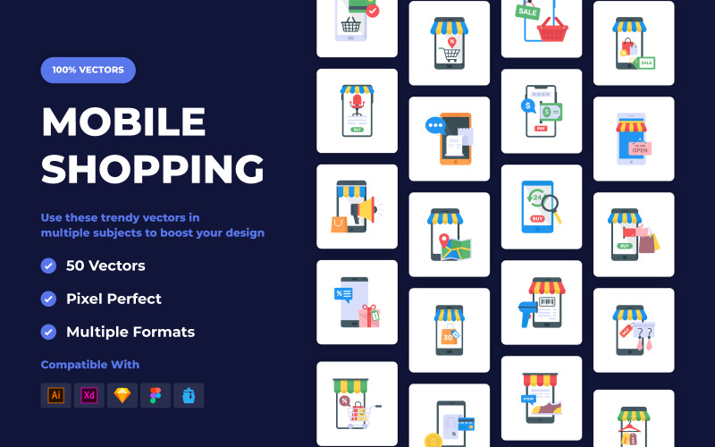 50 Šablona sady ikon pro vektorové mobilní nákupy