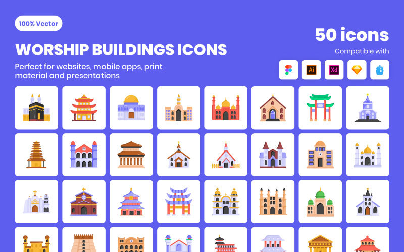 50 tillbedjan bygga ikoner uppsättning mall