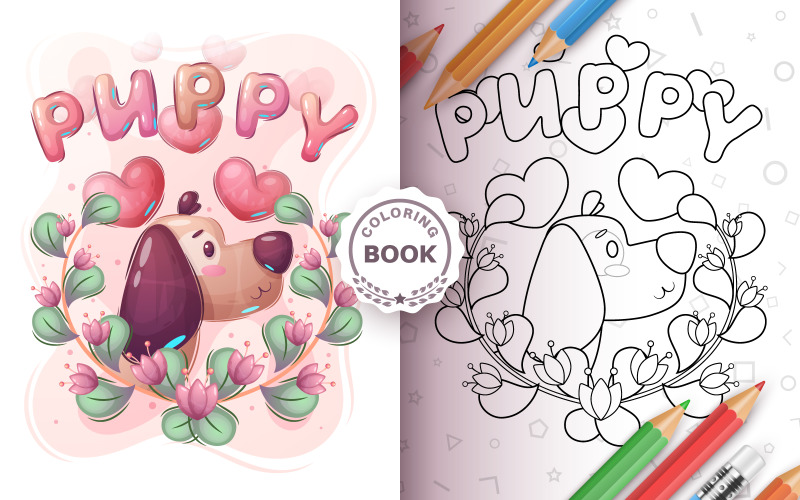 Hund i blomma - spel för barn, målarbok, grafisk illustration