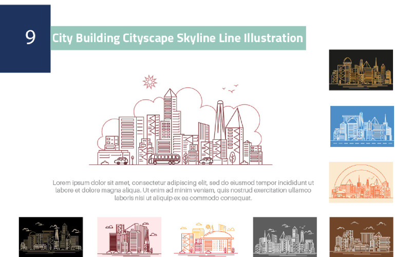 9 Miasto Budynek Cityscape Skyline Linia Ilustracja