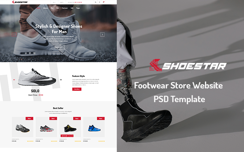 Modello PSD del sito web del negozio di calzature