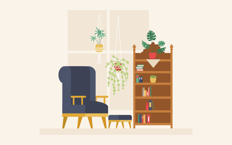 Casa retro plana com ilustração de design de interiores de sala de estar