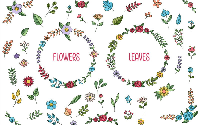 Vettore disegnato a mano di fiori e foglie
