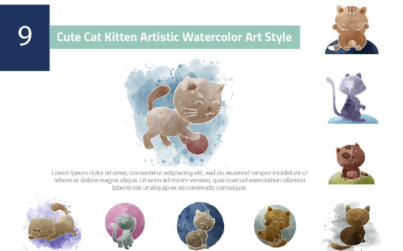 9 Cute Cat Kitten Artystyczny styl akwareli