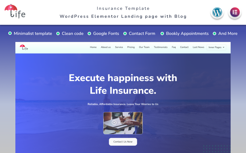 Vida - Página de inicio de la compañía de seguros con Blog Elementor