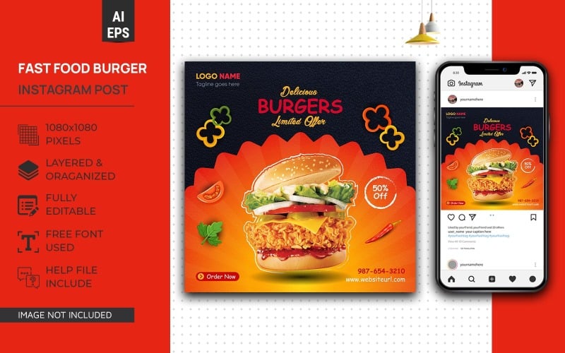 Fast Food Social Media Post ontwerpsjabloon voor Burger Pizza