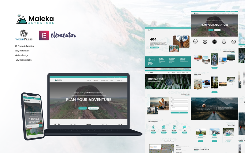 Maleka - Avontuurlijk reisbureau Wordpress Elementor-sjabloonkit