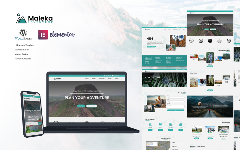 Maleka - Набір шаблонів шаблонів Wordpress Elementor для туристичних пригод