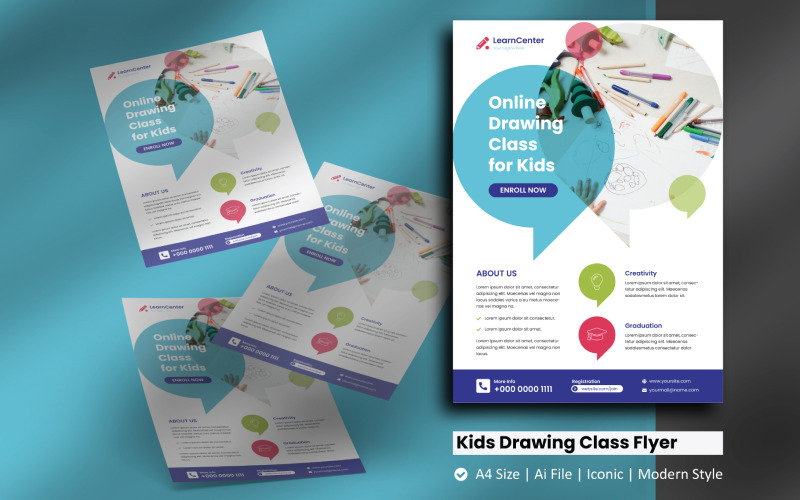 Modèle d'identité d'entreprise de flyer de classe de dessin en ligne pour enfants