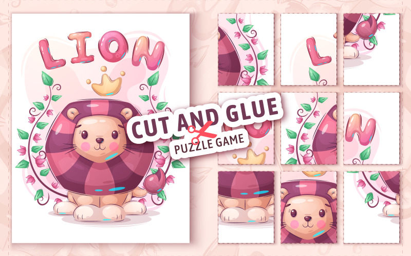 Teddy niedlicher Löwe - Spiel für Kinder, Ausschneiden und Kleben, Grafikillustration