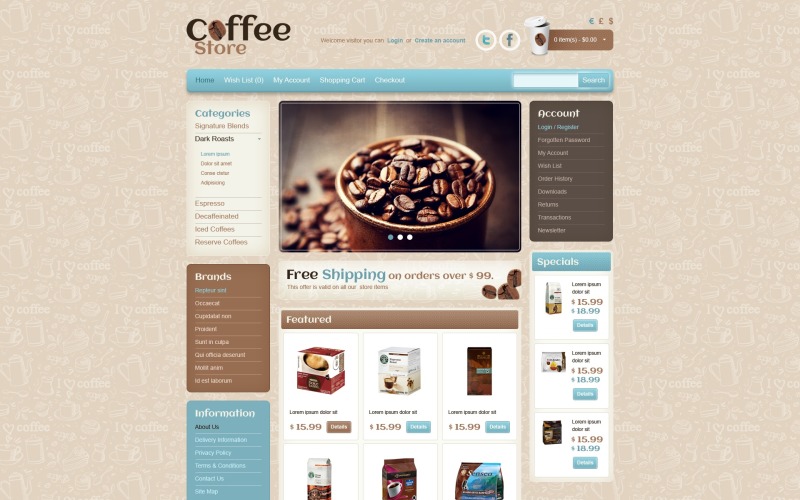 Modello OpenCart gratuito per la caffetteria