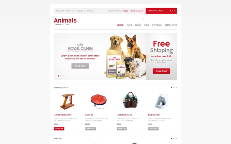 Modello OpenCart gratuito per negozio di animali