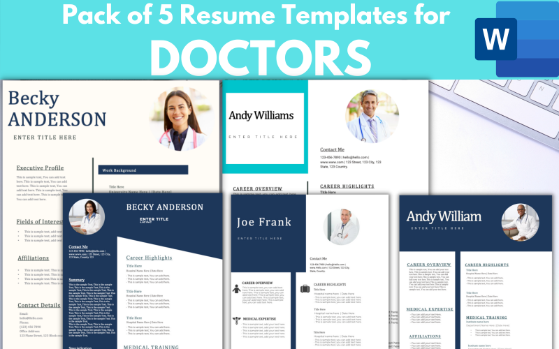 Paquete de 5 plantillas de currículum vitae para médicos - Microsoft Word.