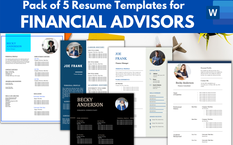 Paquete de 5 plantillas de currículum de asesor financiero / consultor para MS Word