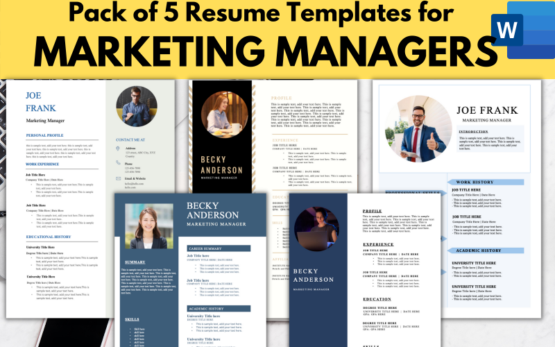 Paquete de 5 plantillas de currículum vitae para Gerente de marketing - Formato de currículum vitae de Microsoft Word.