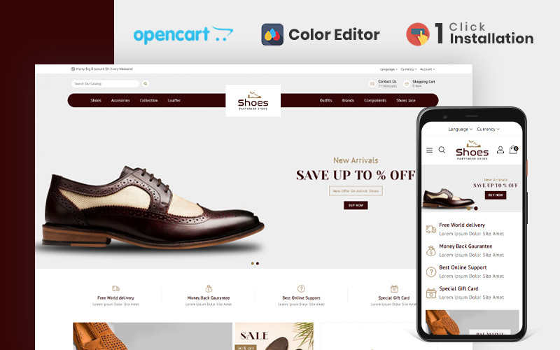 Tema Opencart responsivo de loja de sapatos