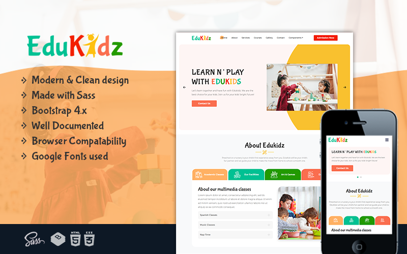 EduKidz - předškolní elegantní a jednoduchá šablona vstupní stránky HTML5