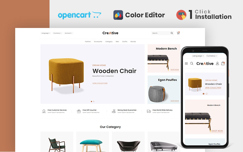 Creatief hout- en meubelwinkel Opencart-thema