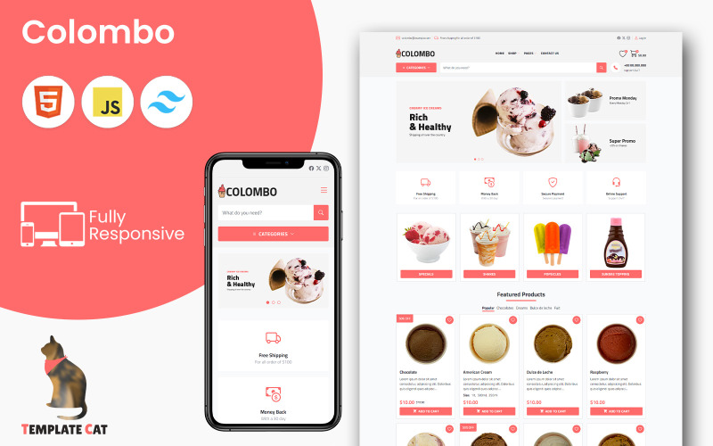 Colombo - Fagylaltbolt | Többcélú e-kereskedelmi webhelysablon | HTML – Tailwind CSS