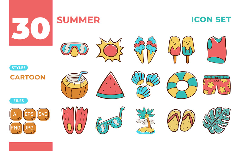 Conjunto de iconos de verano (estilo de dibujos animados)