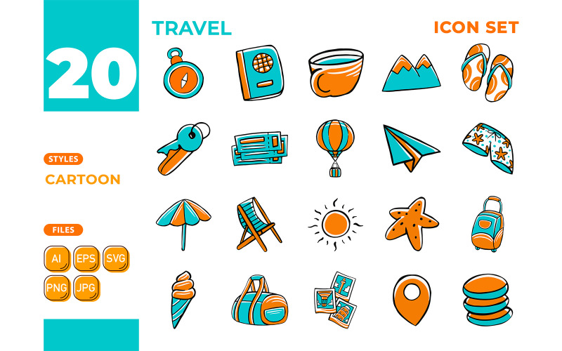 Conjunto de iconos de viaje (estilo de dibujos animados)