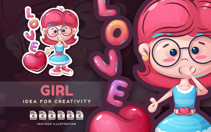 Дівчина кохання - мультиплікаційний персонаж, милі наклейки, графічні ілюстрації