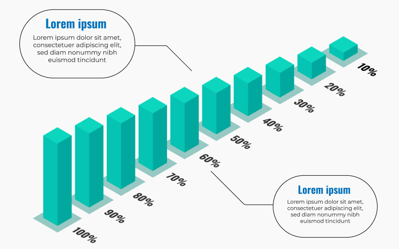 Izometrikus vagy 3D -s infografikai tervezősablon oszlopdiagrammal és százalékokkal.