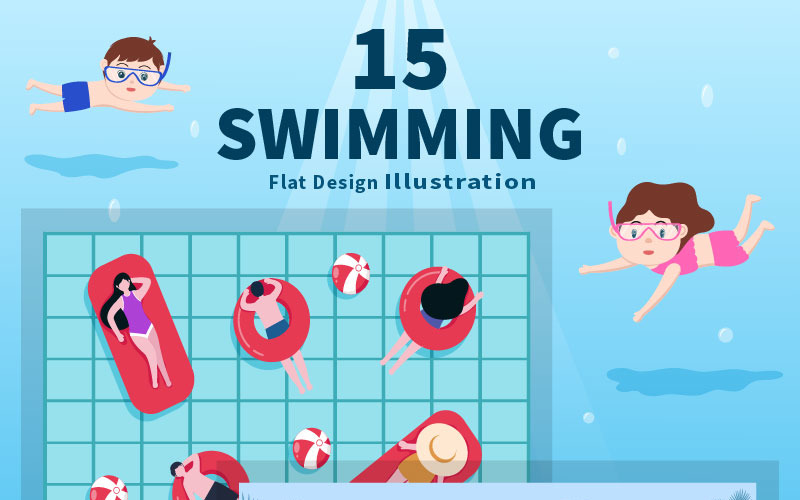15 süße kleine Kinder schwimmen Vektor-Illustration