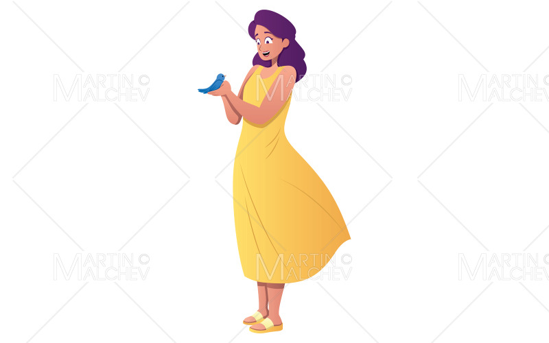 Flicka och fågel på vit vektorillustration