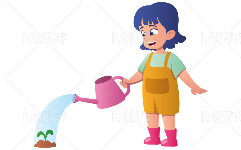 Flicka vattnar växten på vit vektorillustration