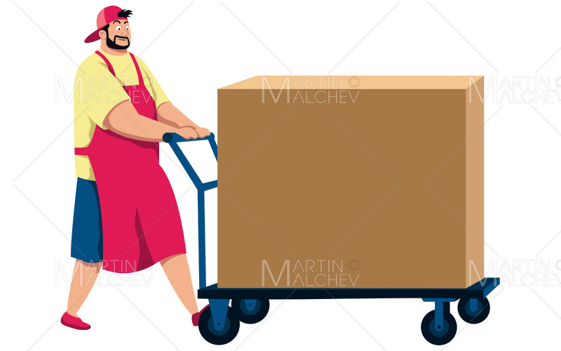 Homem empurrando carrinho com ilustração vetorial de caixa