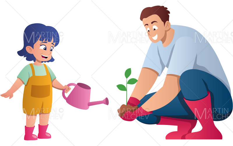 Pai e filha plantando árvore em ilustração vetorial branca