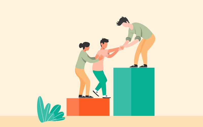 Teamwork-Illustrations-Konzept-Vektor, Arbeiter, die sich gegenseitig für die Geschäftsgruppe helfen