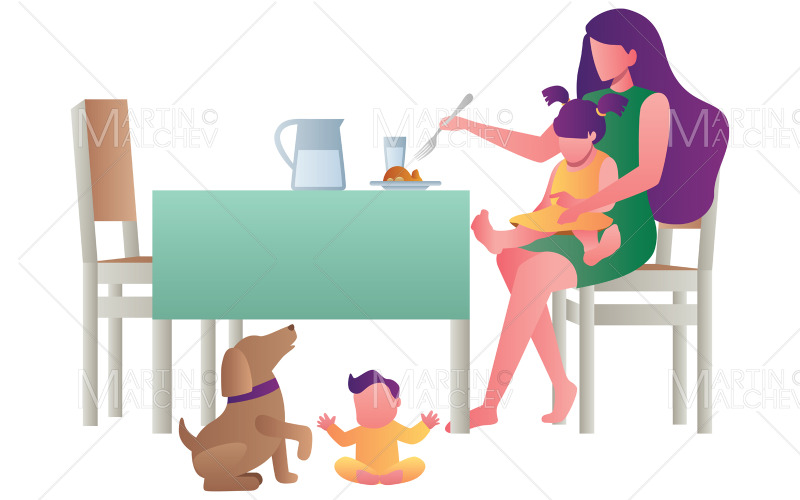 Alleinerziehende Mutter füttert Kinder Vektor-Illustration