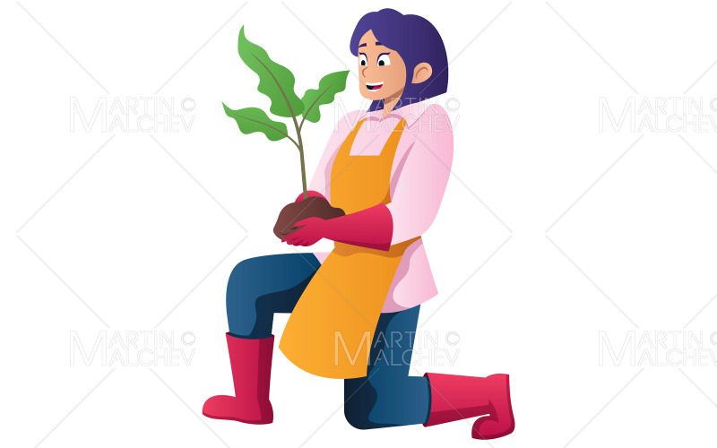 Donna che tiene pianta su bianco illustrazione vettoriale