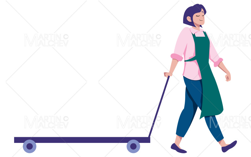 femme, traction, chariot, vecteur, illustration